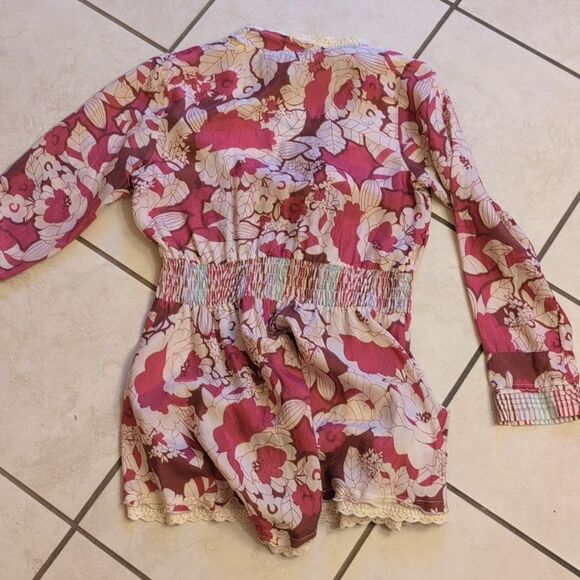 Johnny Was Silk Long Sleeve Blouse V Neck Pink Cream Elastic Waist Size XS - Picture 2 of 8